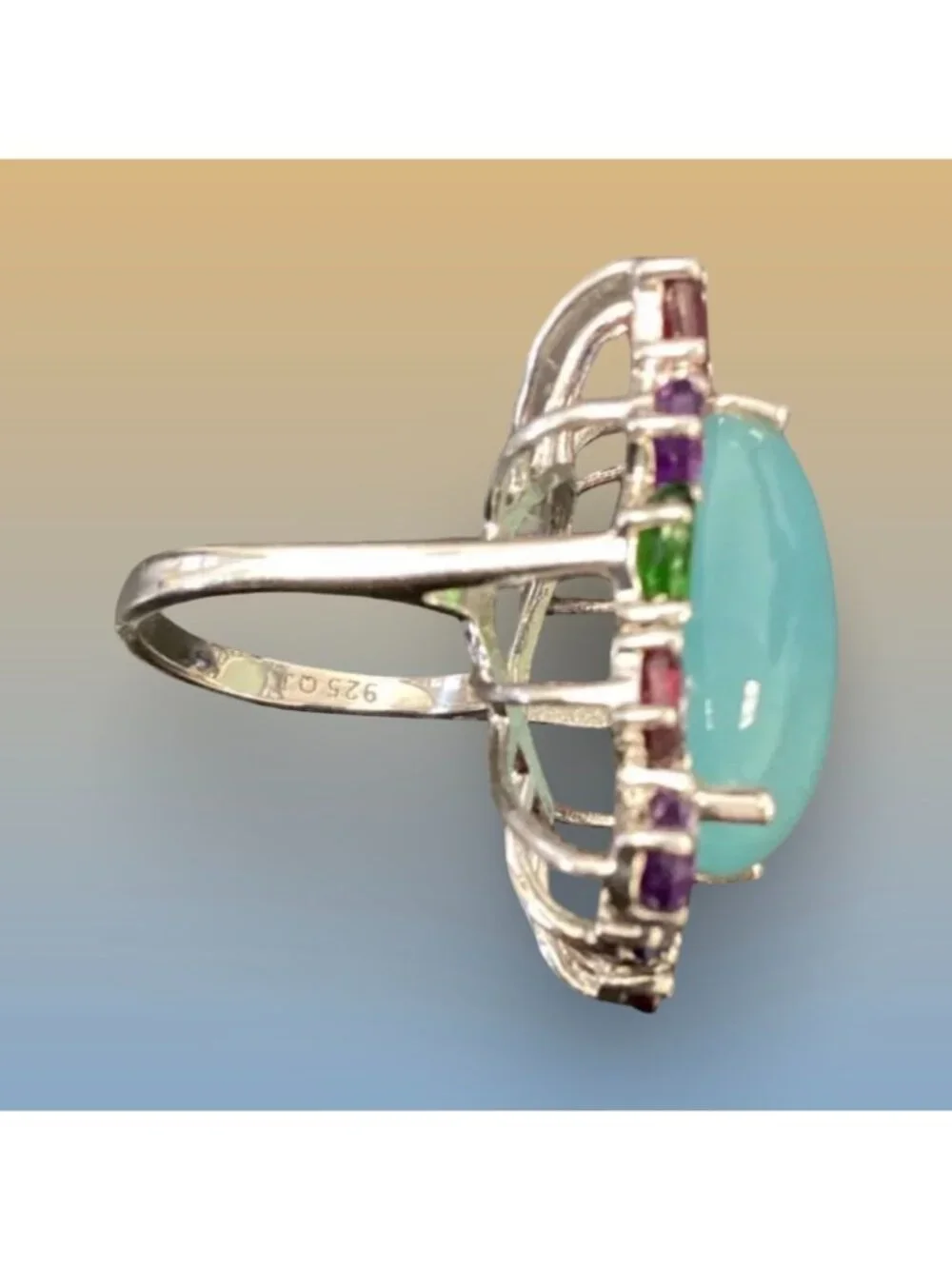 Multicolor Gemstone Sterling Silver Chalcedony Aqua Center Stone Statement Ring